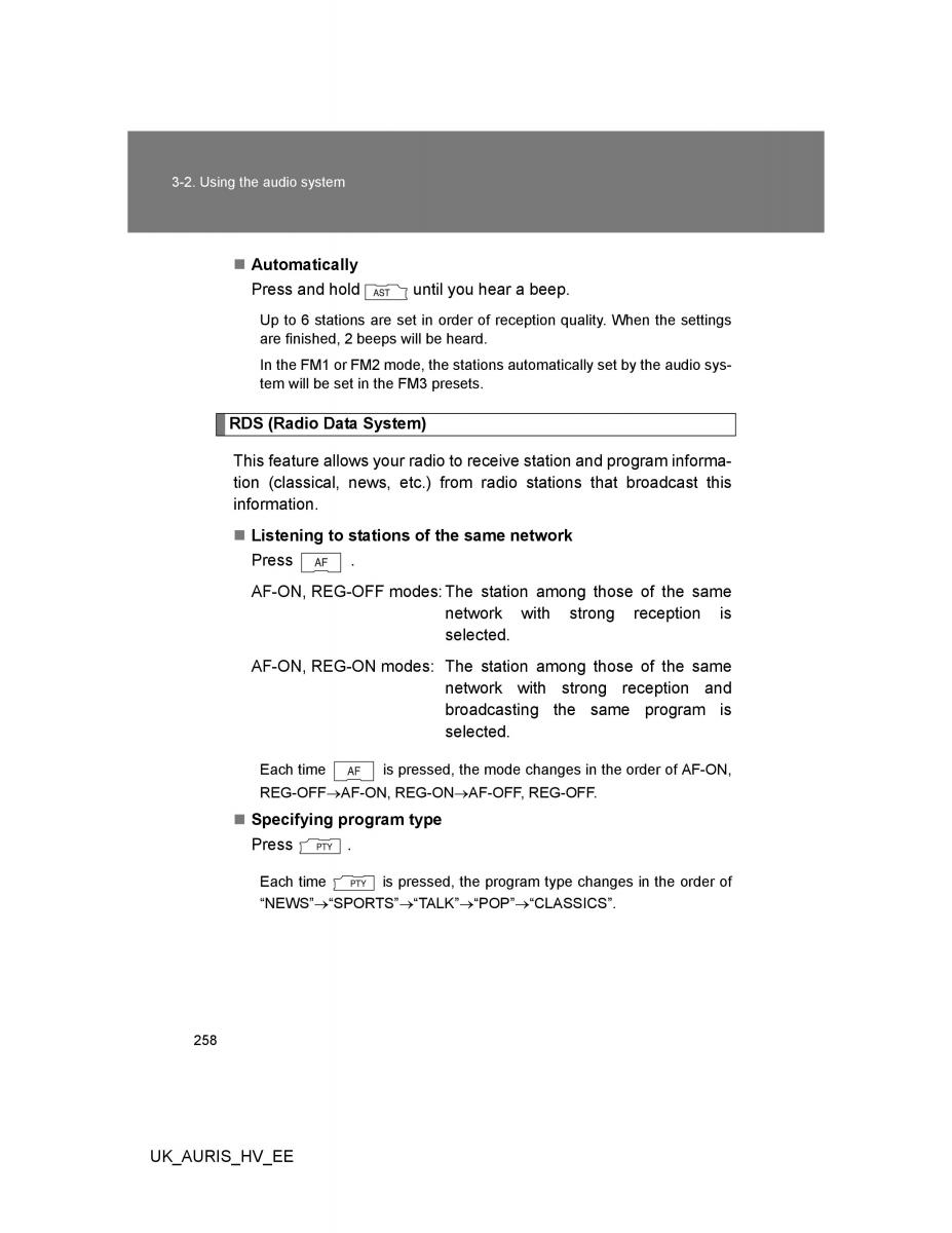 Toyota Auris Hybrid I 1 owners manual / page 258