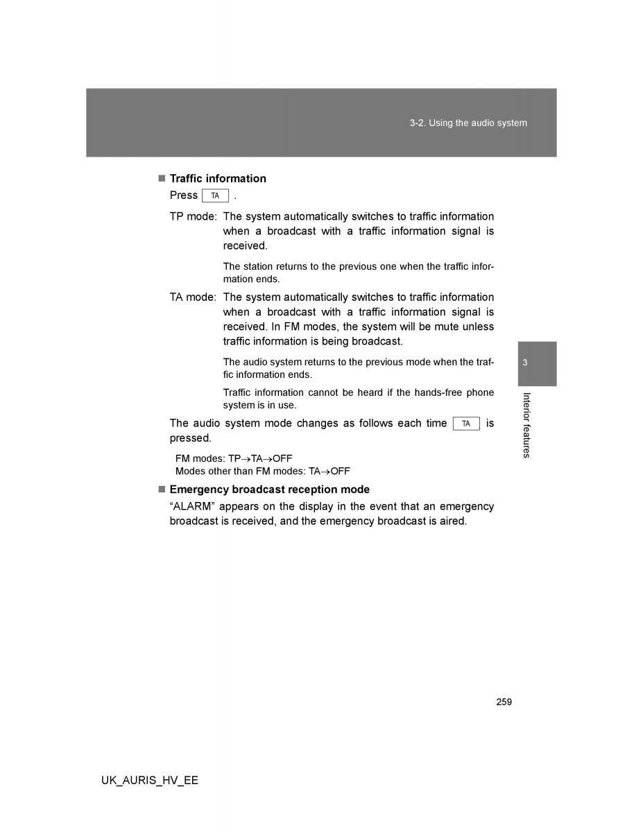 Toyota Auris Hybrid I 1 owners manual / page 259