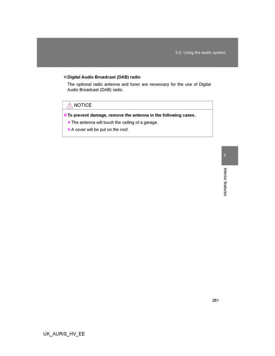 Toyota Auris Hybrid I 1 owners manual / page 261