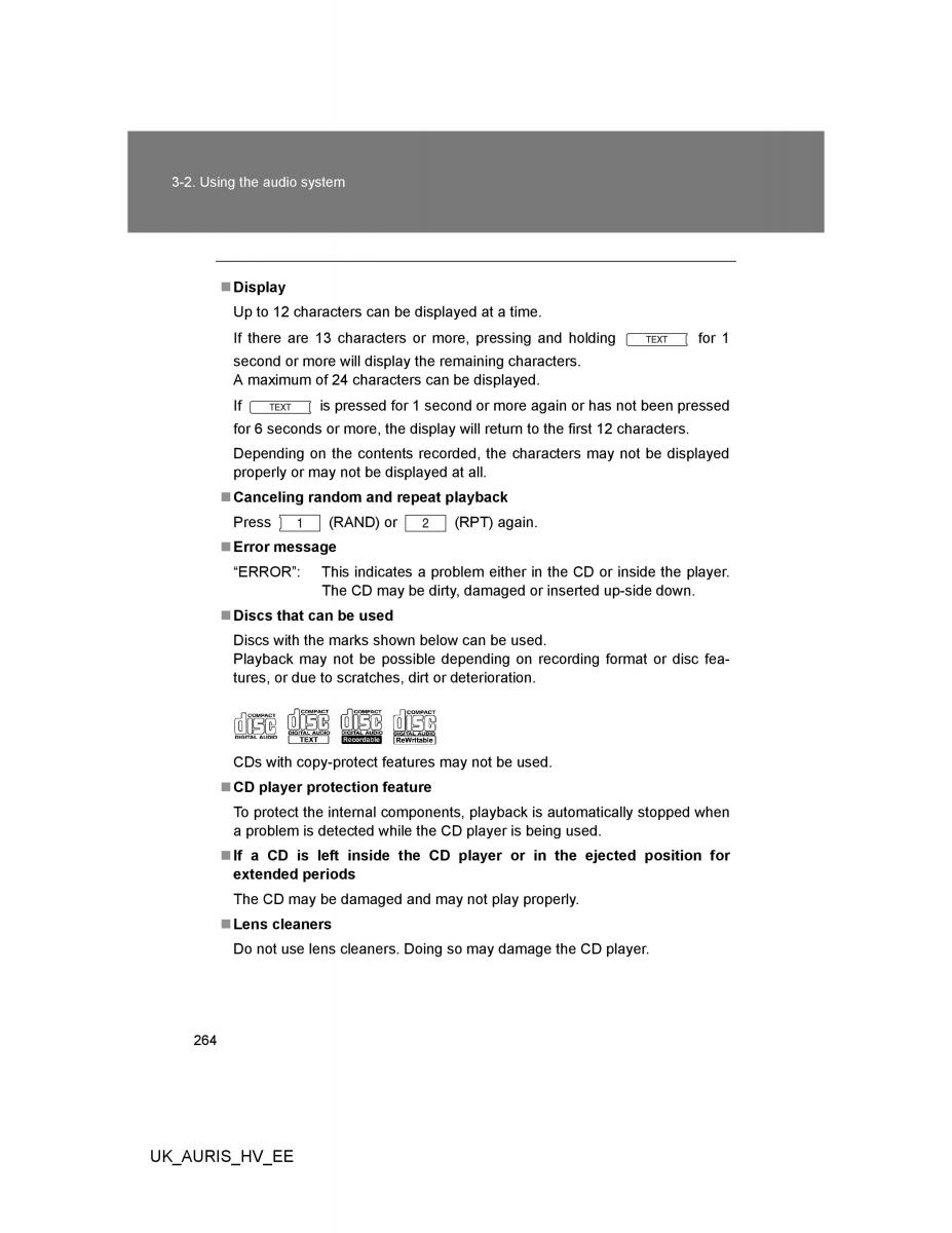 Toyota Auris Hybrid I 1 owners manual / page 264