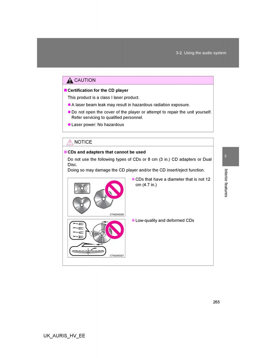 Toyota Auris Hybrid I 1 owners manual / page 265