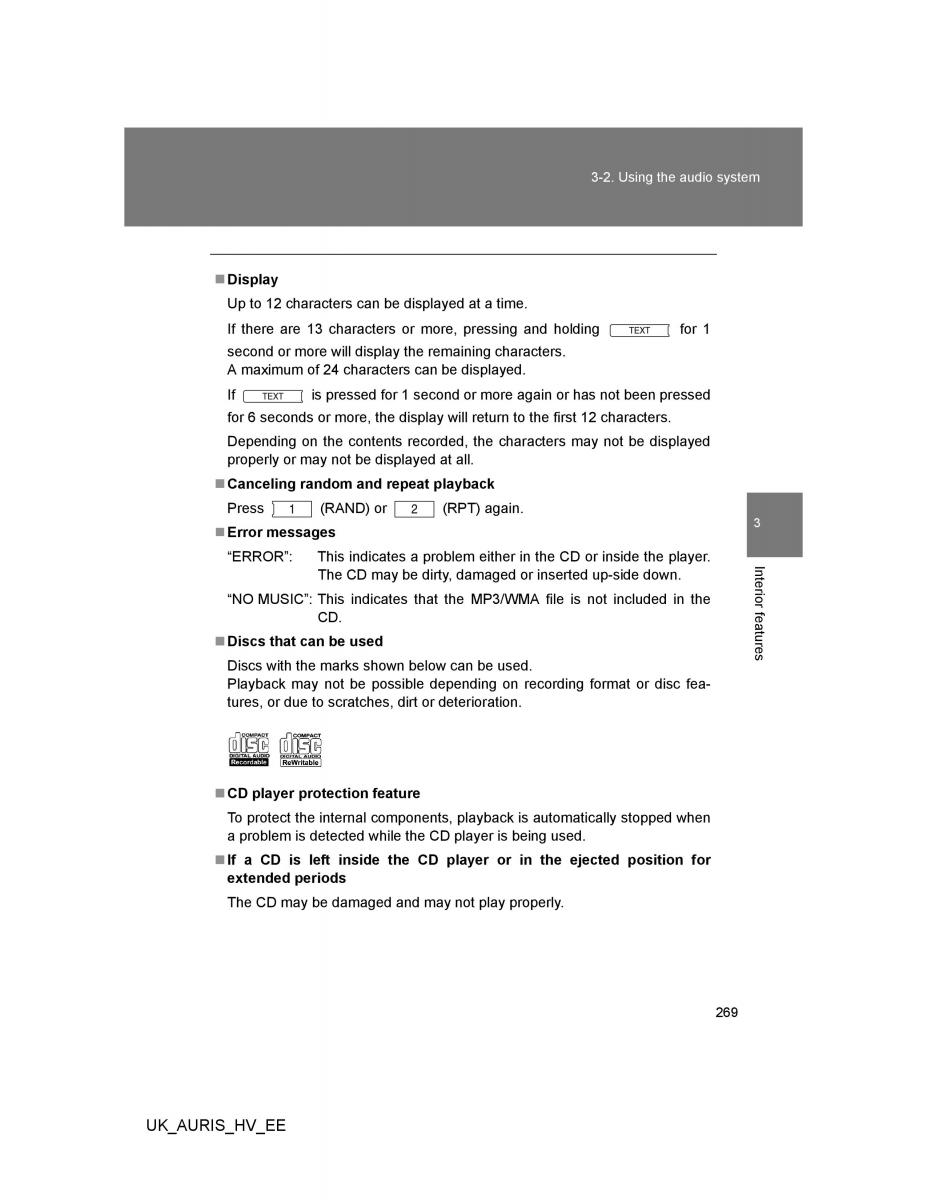 Toyota Auris Hybrid I 1 owners manual / page 269