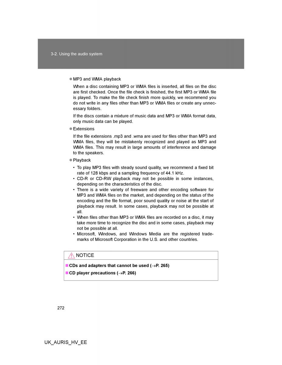 Toyota Auris Hybrid I 1 owners manual / page 272