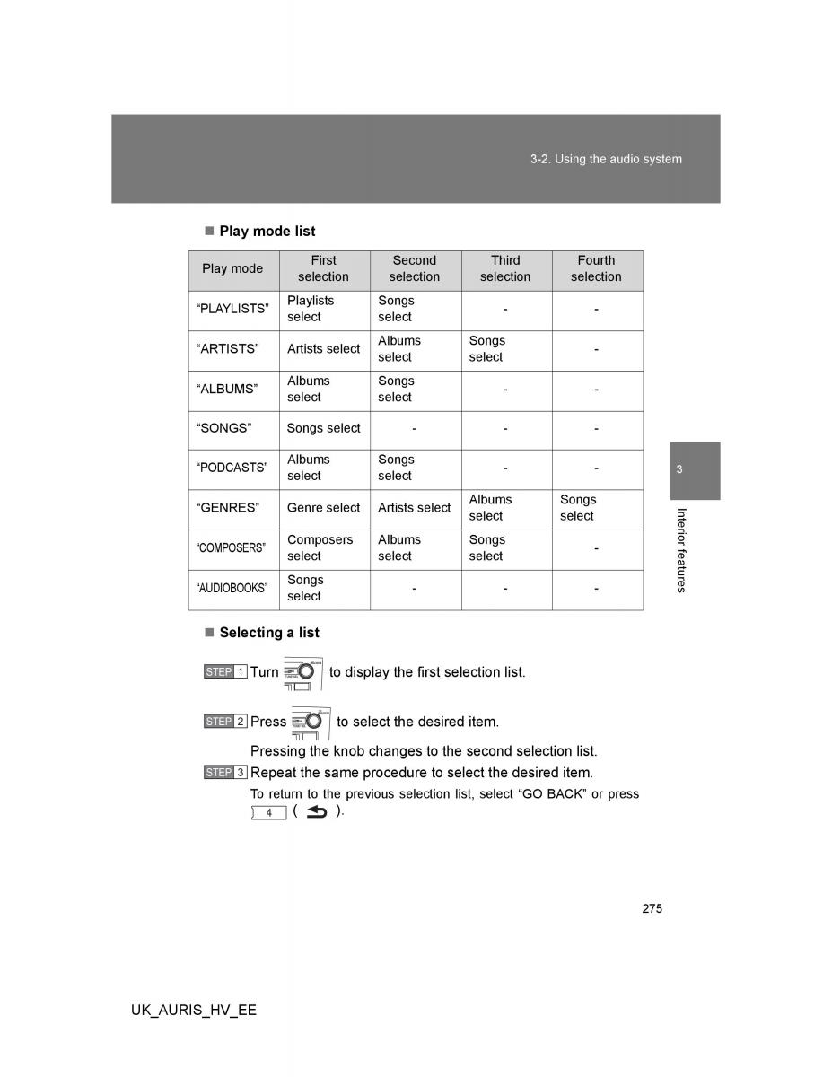 Toyota Auris Hybrid I 1 owners manual / page 275