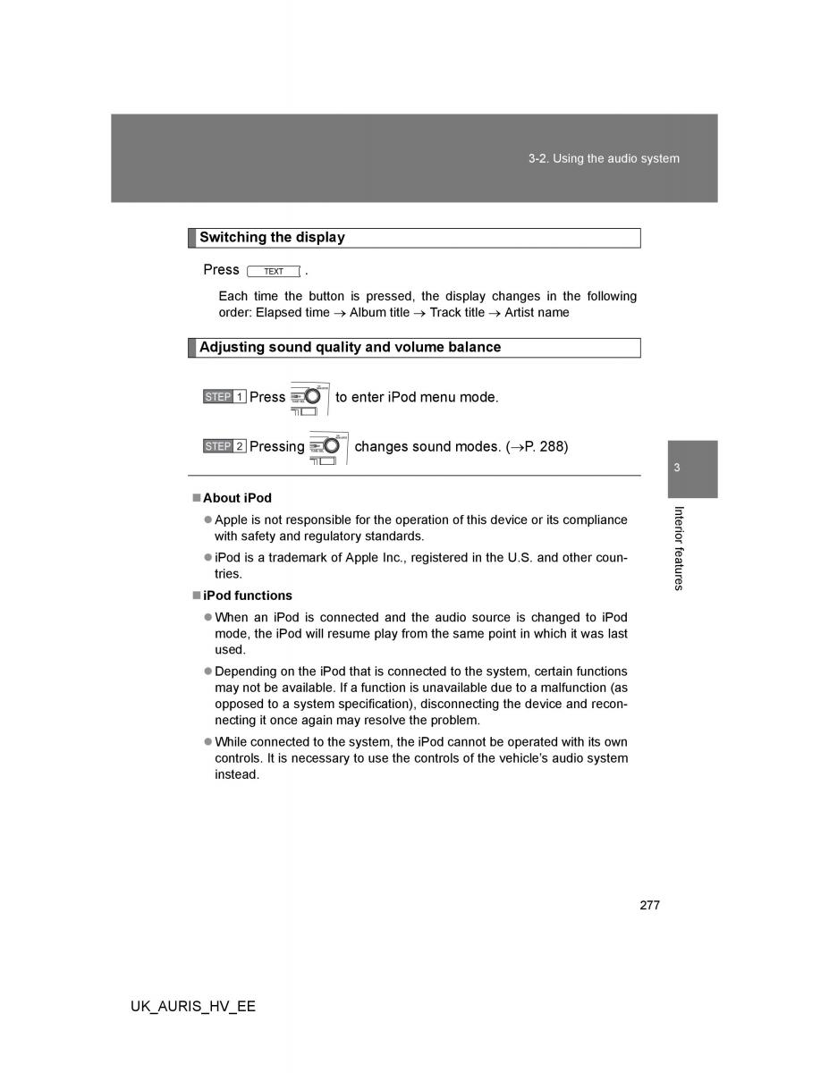 Toyota Auris Hybrid I 1 owners manual / page 277