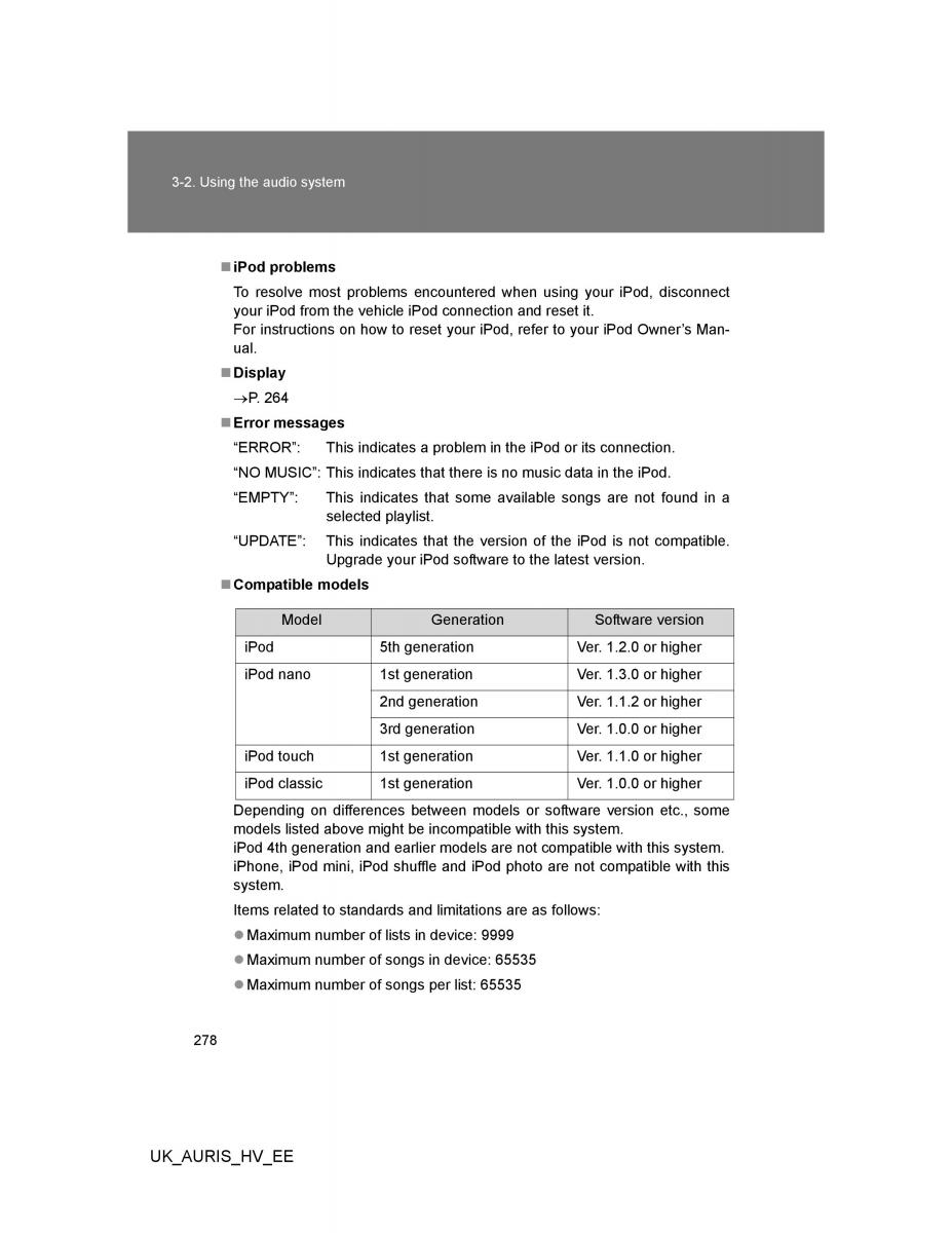 Toyota Auris Hybrid I 1 owners manual / page 278