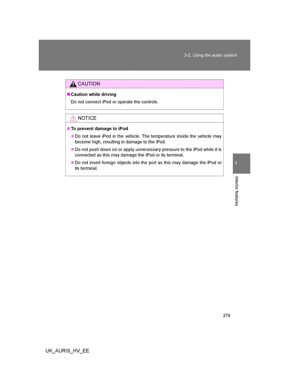 Toyota Auris Hybrid I 1 owners manual / page 279