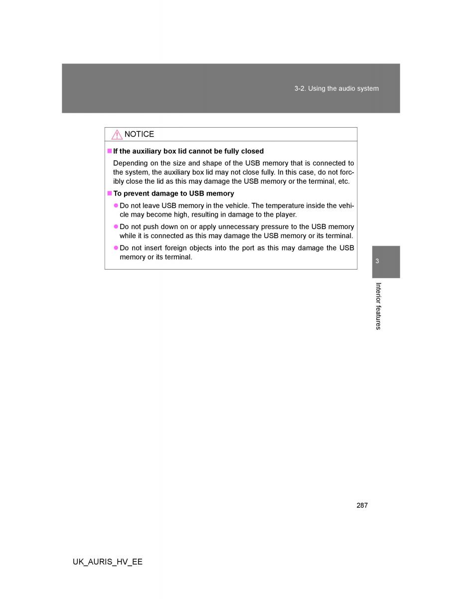 Toyota Auris Hybrid I 1 owners manual / page 287