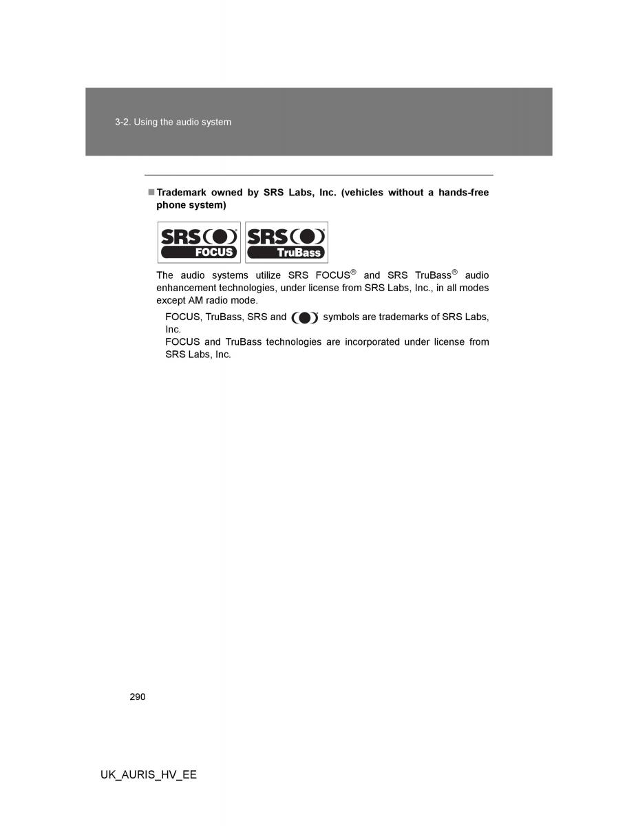 Toyota Auris Hybrid I 1 owners manual / page 290