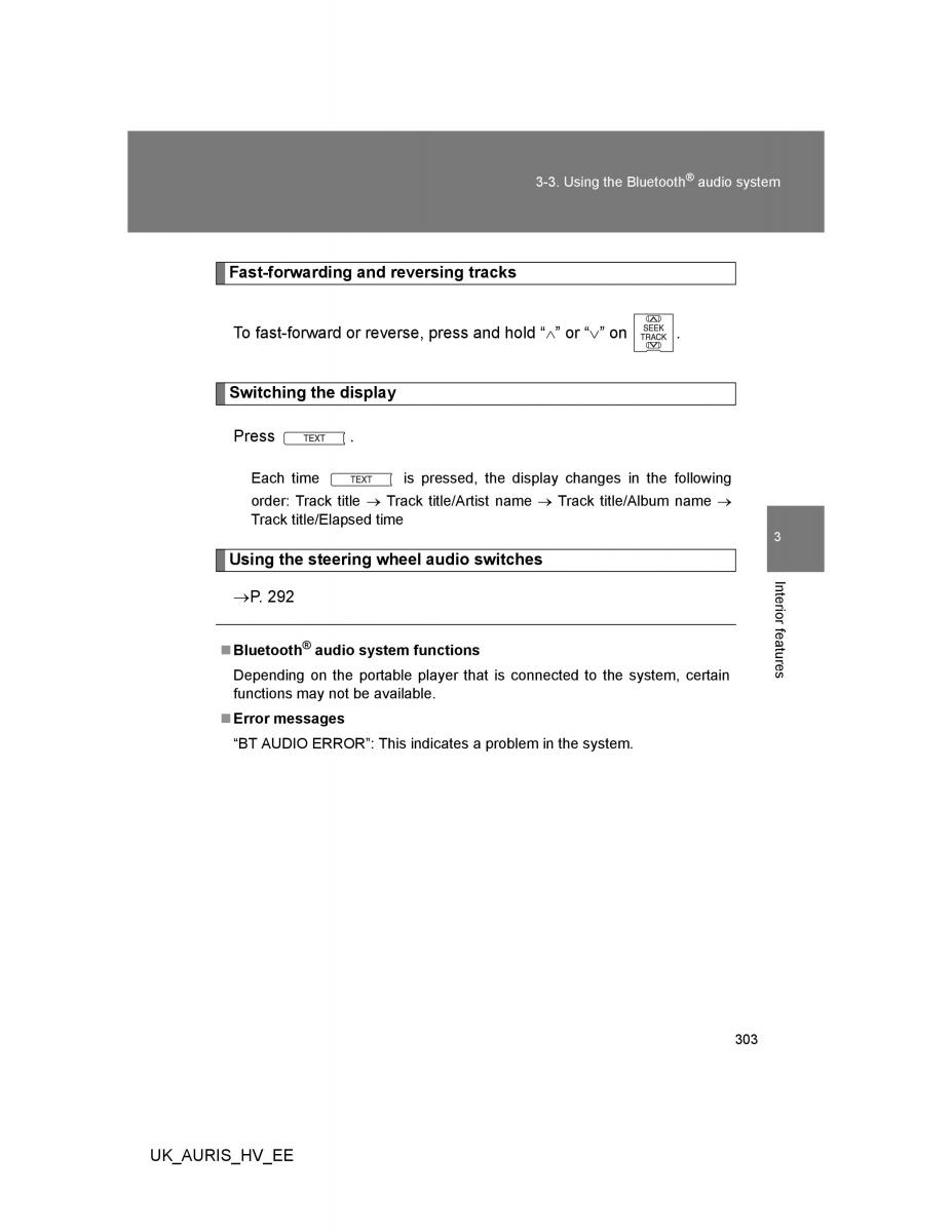 Toyota Auris Hybrid I 1 owners manual / page 303