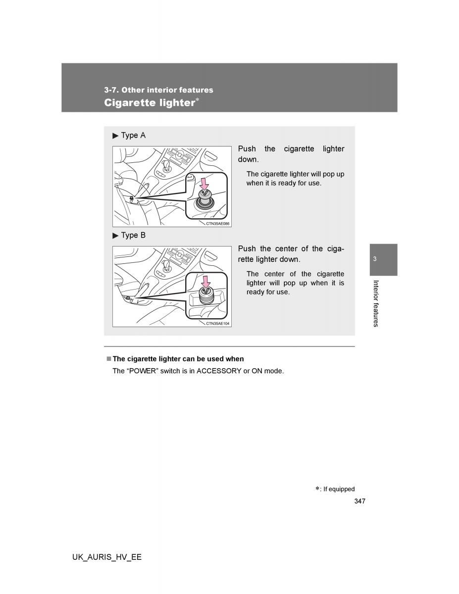 Toyota Auris Hybrid I 1 owners manual / page 347