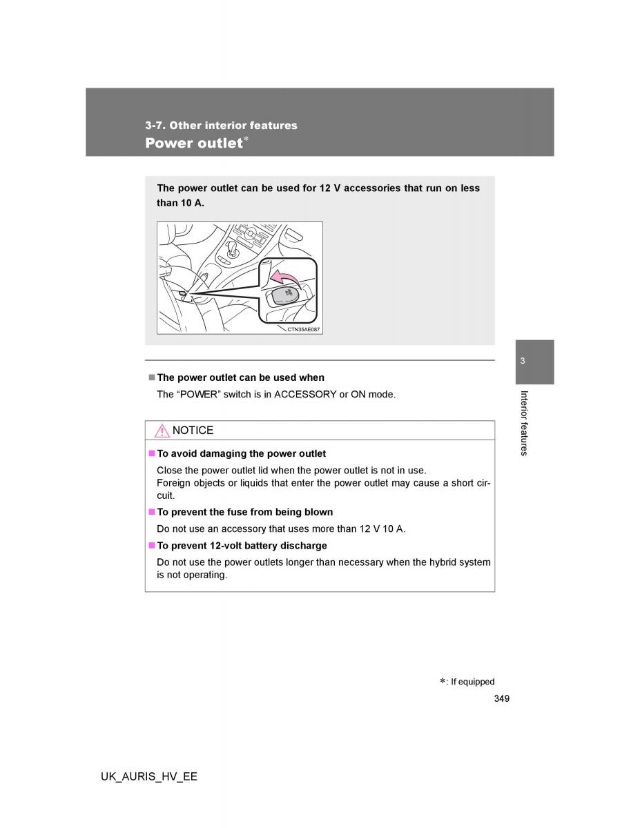 Toyota Auris Hybrid I 1 owners manual / page 349