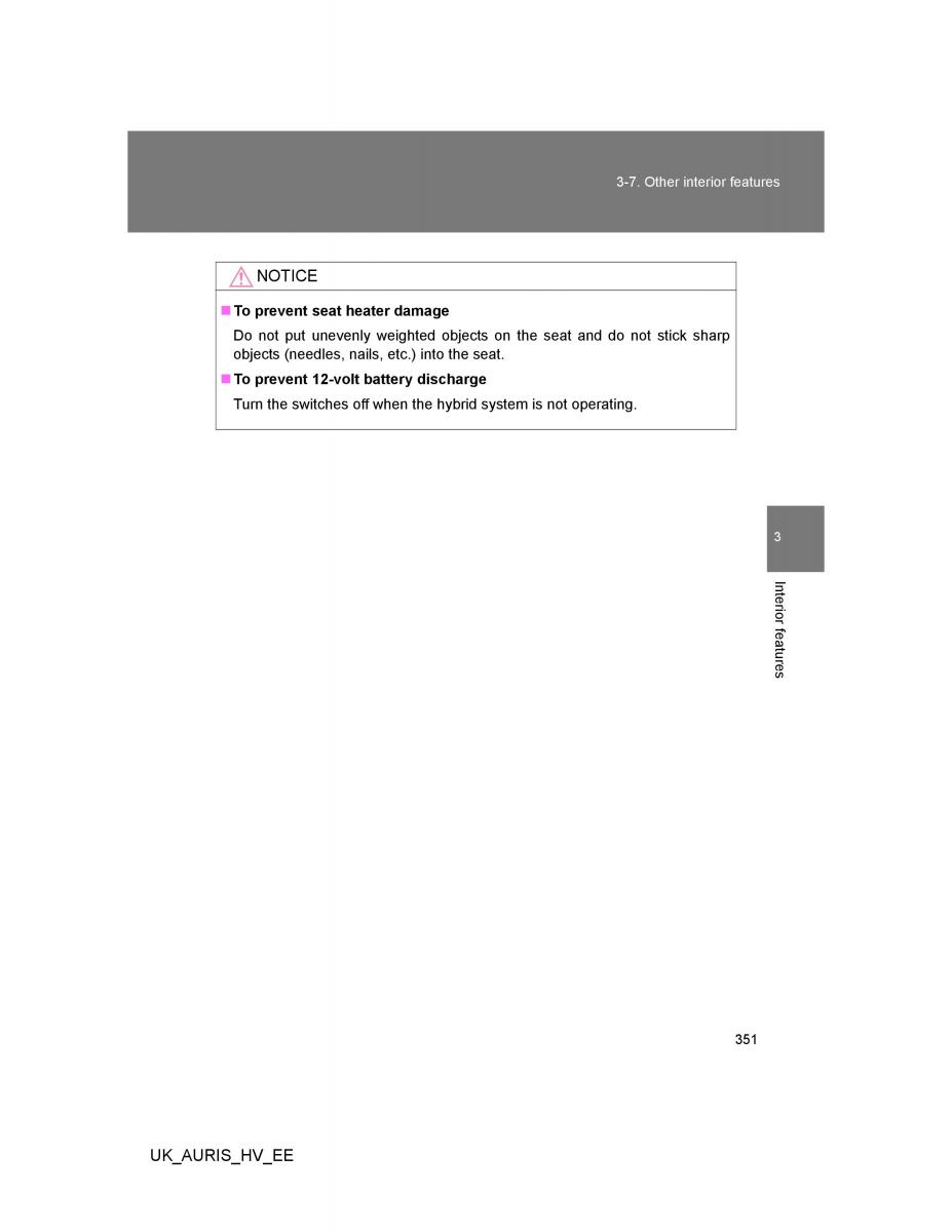 Toyota Auris Hybrid I 1 owners manual / page 351