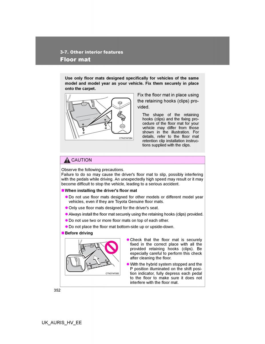 Toyota Auris Hybrid I 1 owners manual / page 352