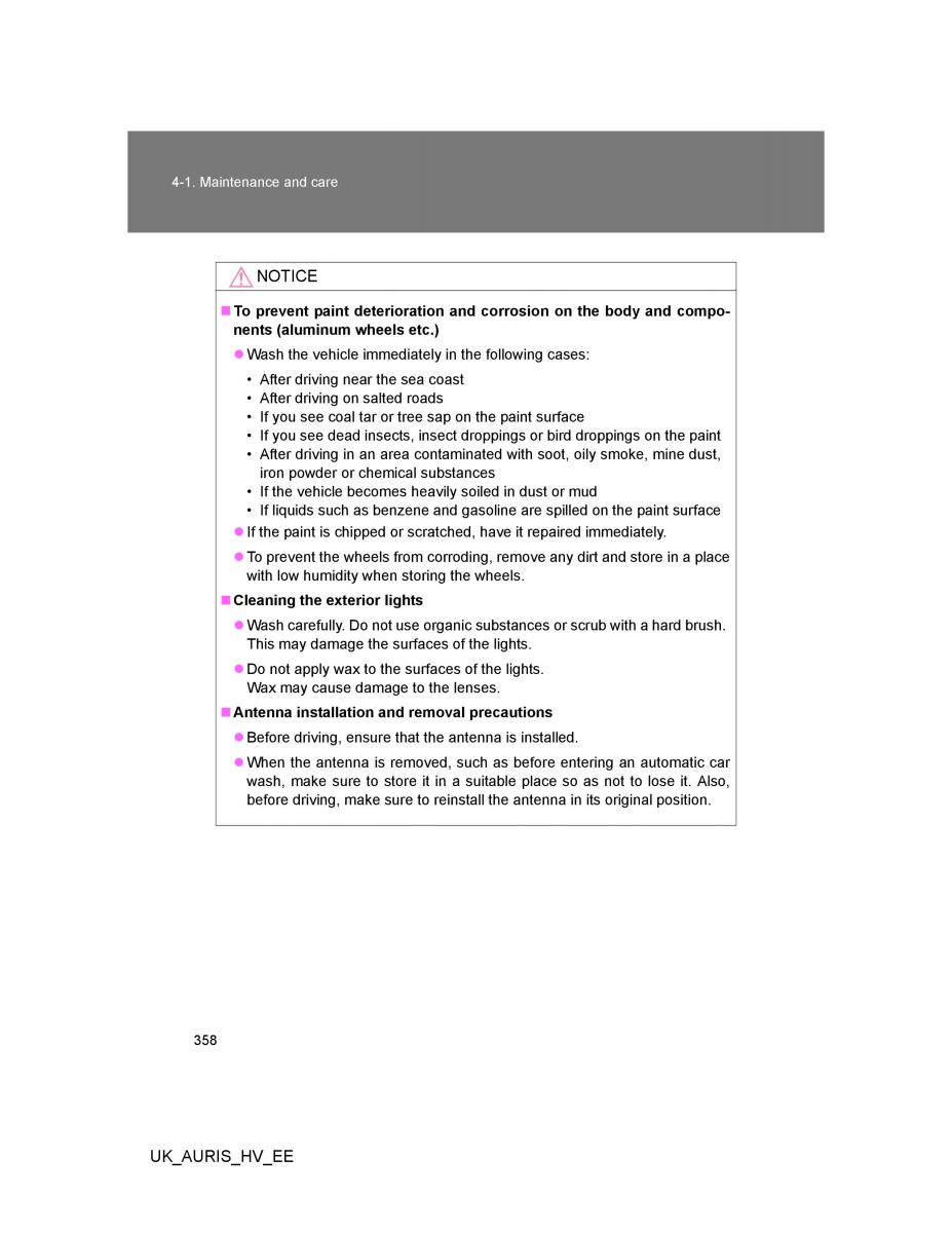 Toyota Auris Hybrid I 1 owners manual / page 358