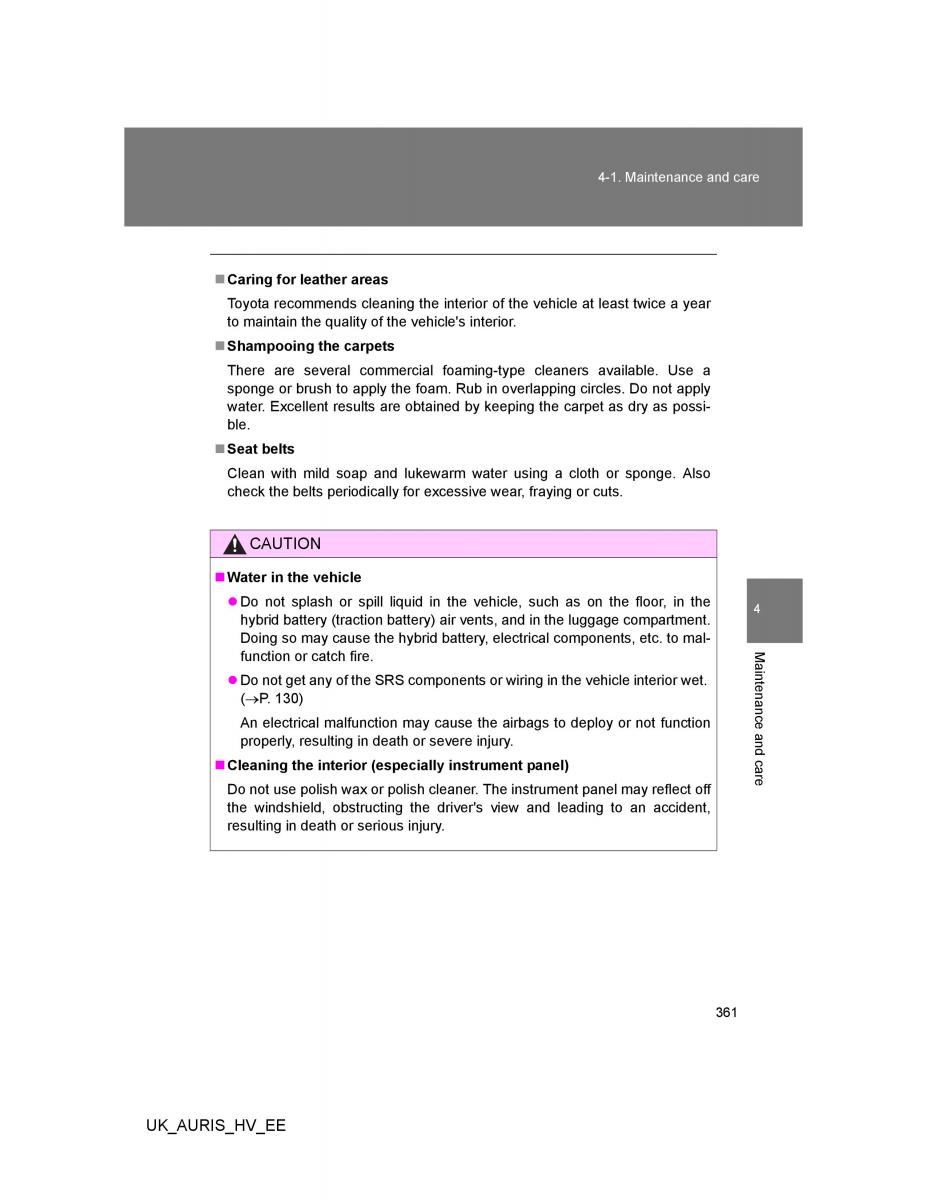 Toyota Auris Hybrid I 1 owners manual / page 361