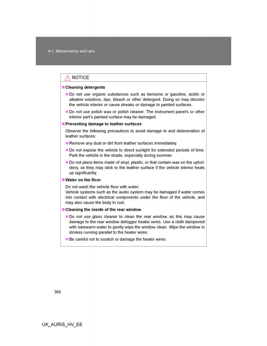 Toyota Auris Hybrid I 1 owners manual / page 362