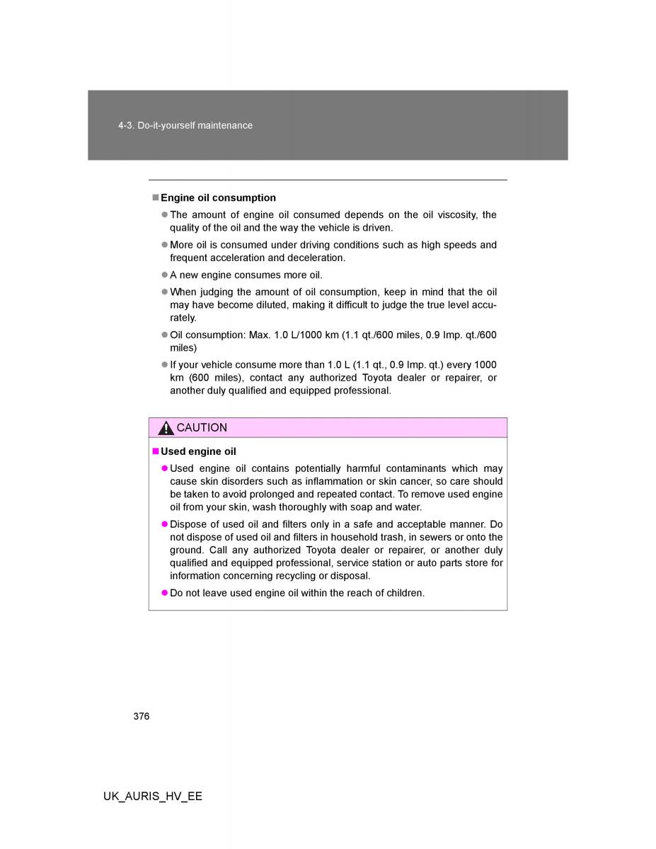 Toyota Auris Hybrid I 1 owners manual / page 376