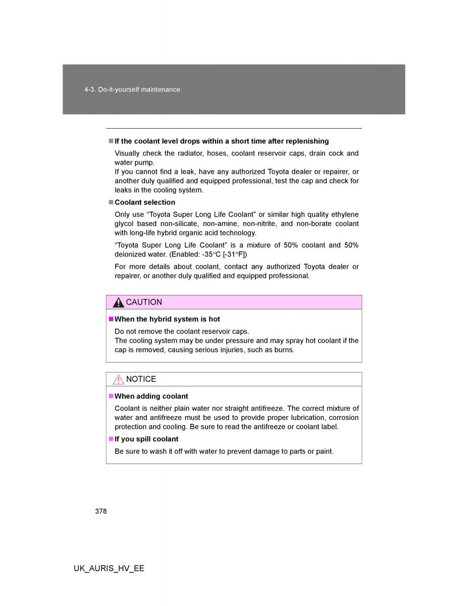 Toyota Auris Hybrid I 1 owners manual / page 378