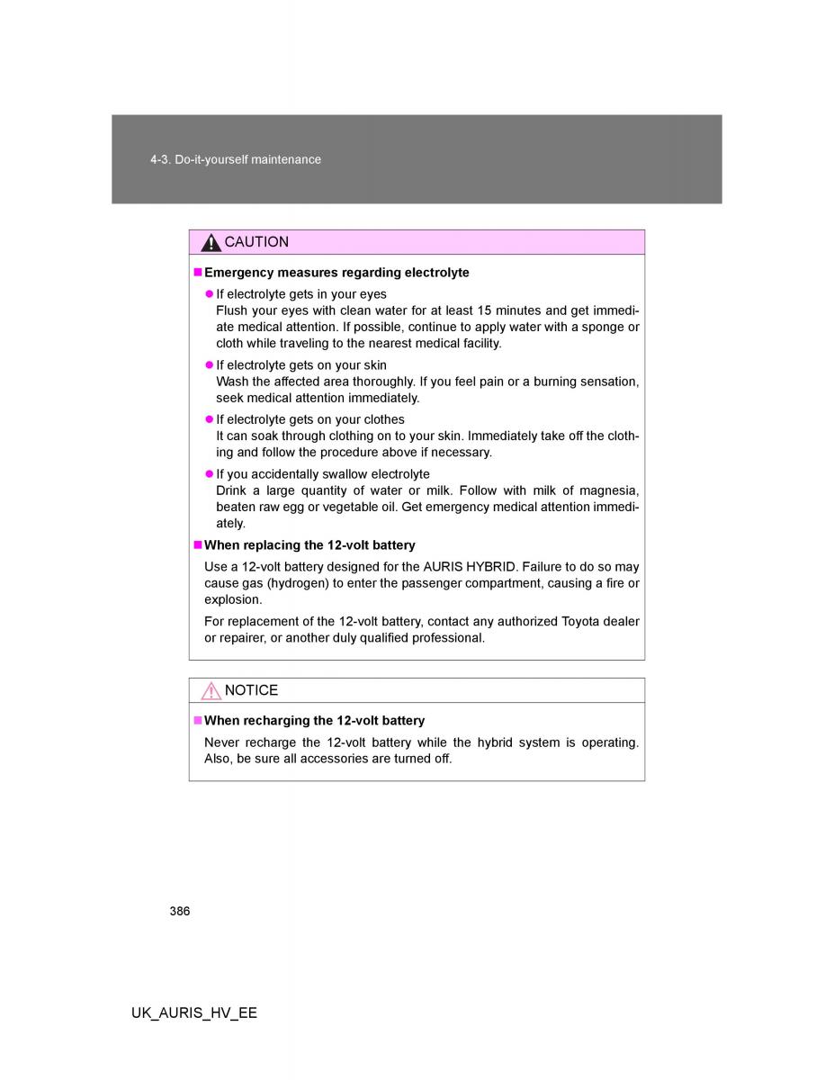 Toyota Auris Hybrid I 1 owners manual / page 386