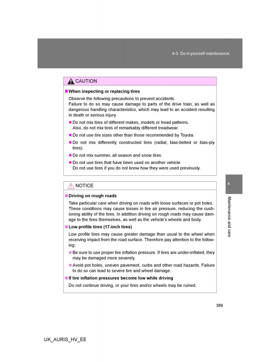 Toyota Auris Hybrid I 1 owners manual / page 389