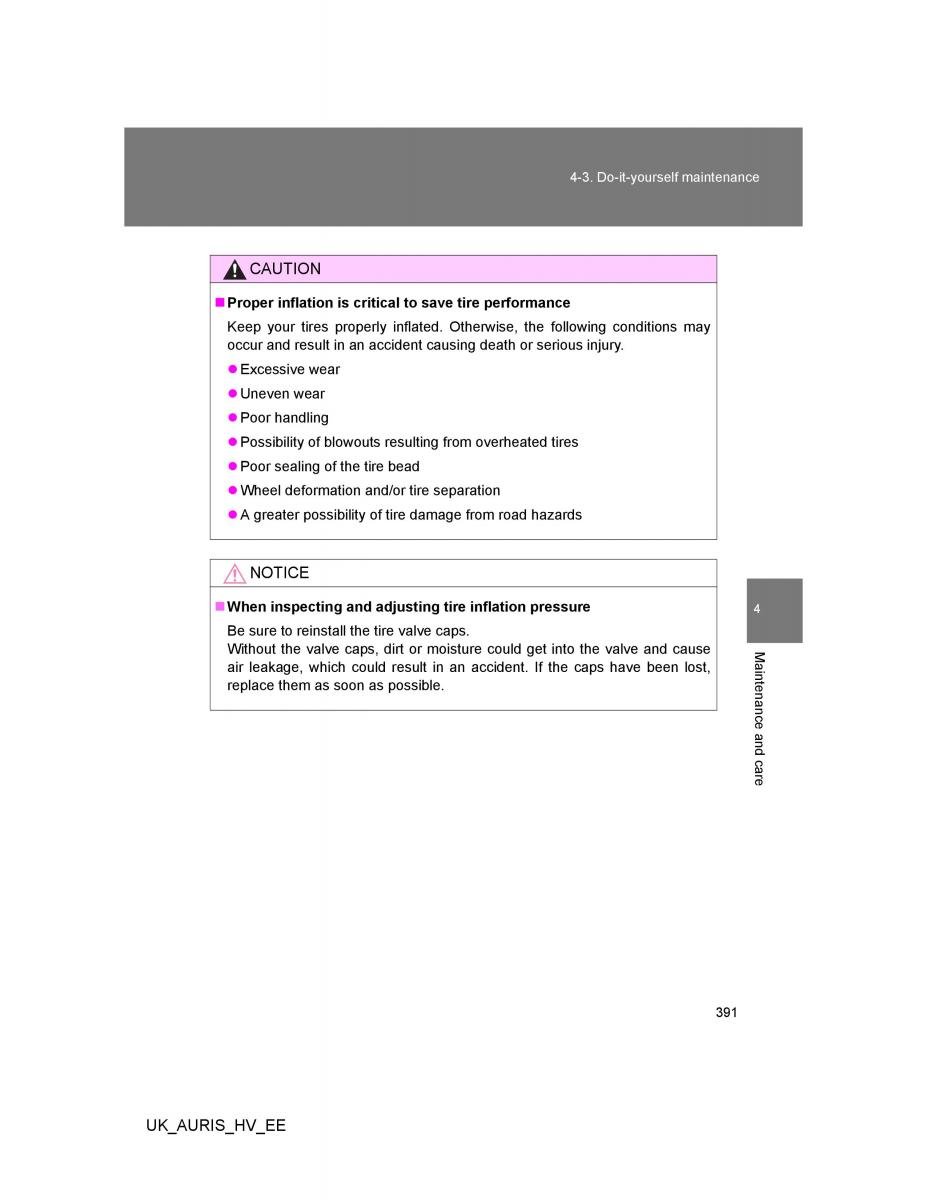 Toyota Auris Hybrid I 1 owners manual / page 391