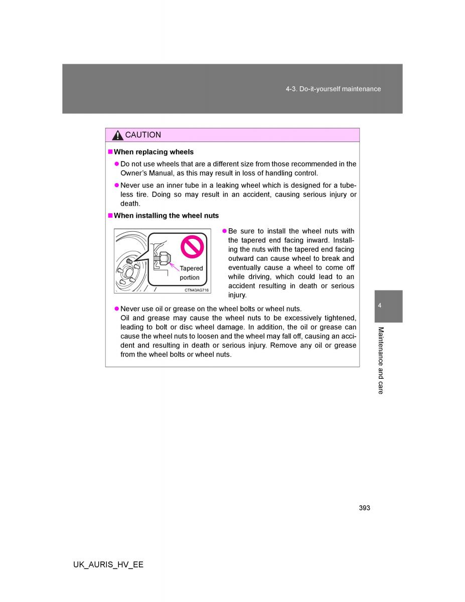 Toyota Auris Hybrid I 1 owners manual / page 393