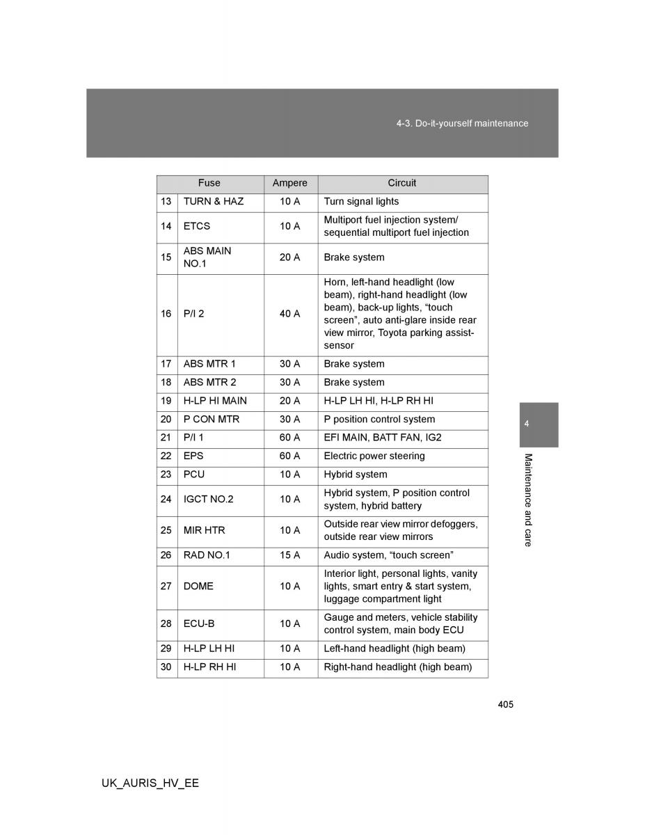 Toyota Auris Hybrid I 1 owners manual / page 405