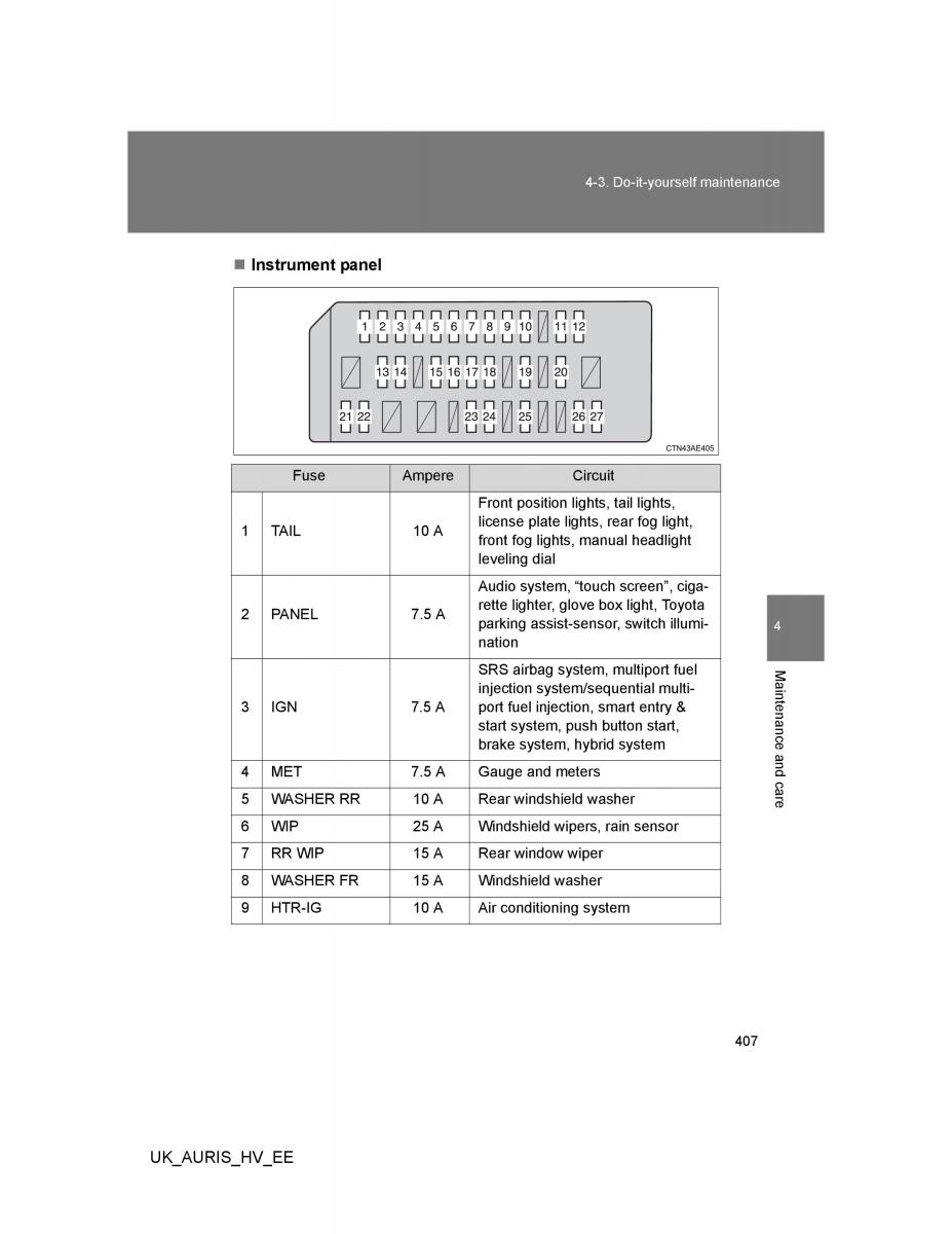 Toyota Auris Hybrid I 1 owners manual / page 407