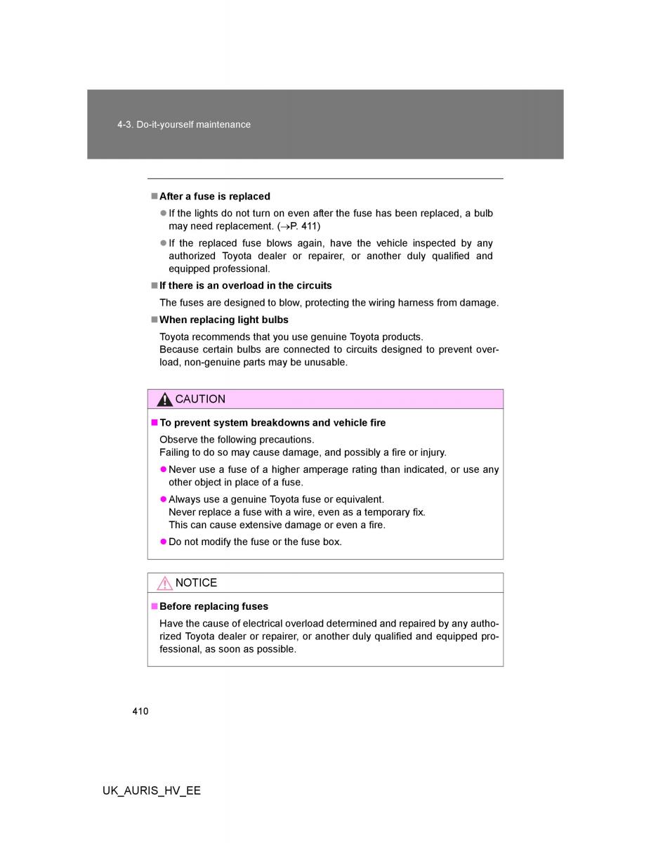 Toyota Auris Hybrid I 1 owners manual / page 410