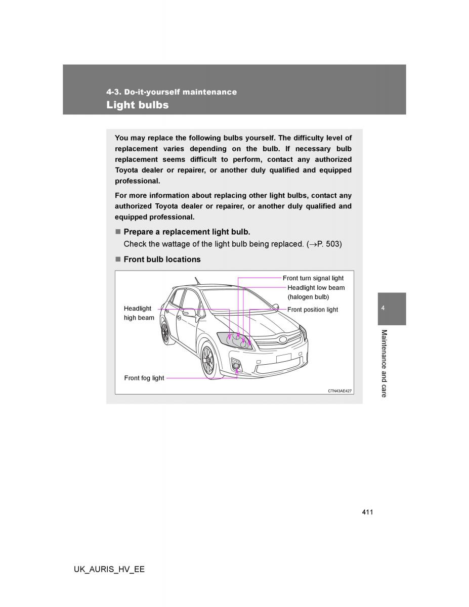 Toyota Auris Hybrid I 1 owners manual / page 411