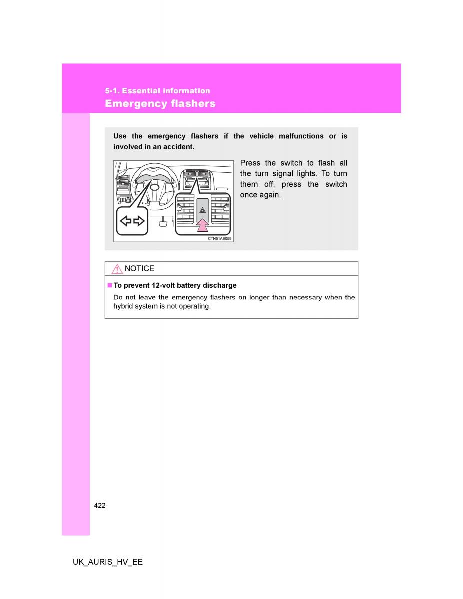 Toyota Auris Hybrid I 1 owners manual / page 422