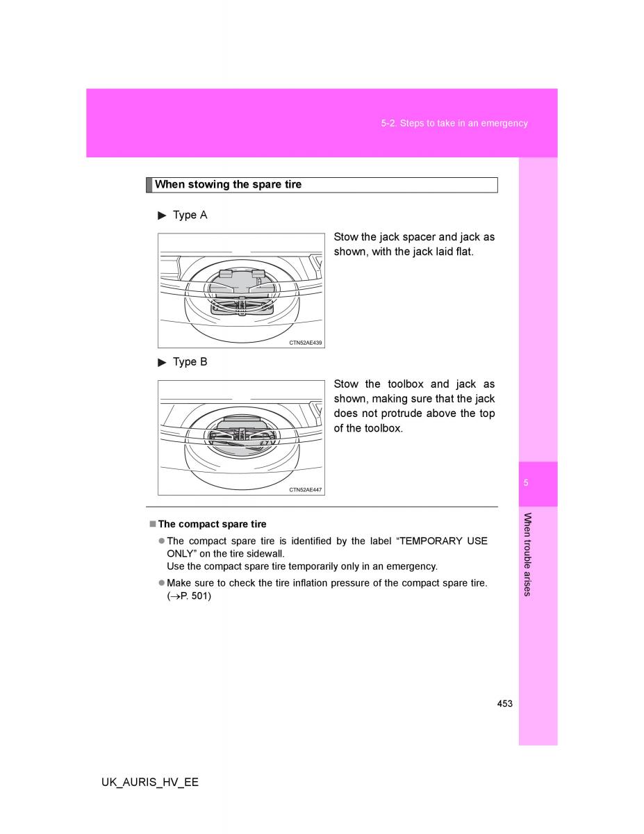 Toyota Auris Hybrid I 1 owners manual / page 453