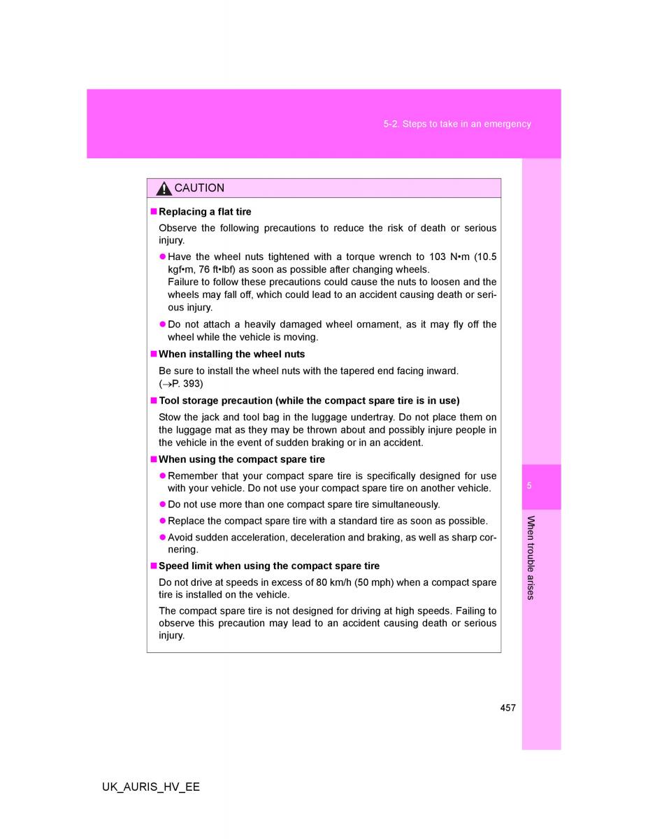 Toyota Auris Hybrid I 1 owners manual / page 457