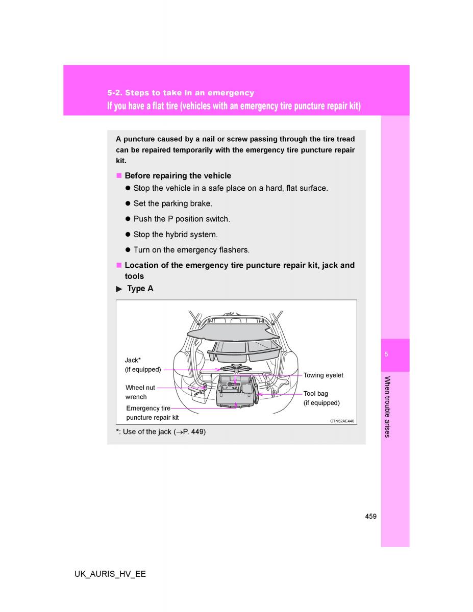 Toyota Auris Hybrid I 1 owners manual / page 459