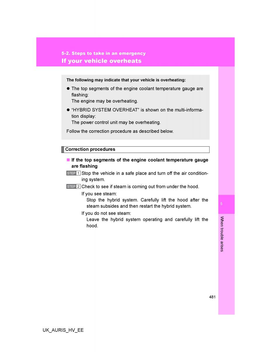 Toyota Auris Hybrid I 1 owners manual / page 481