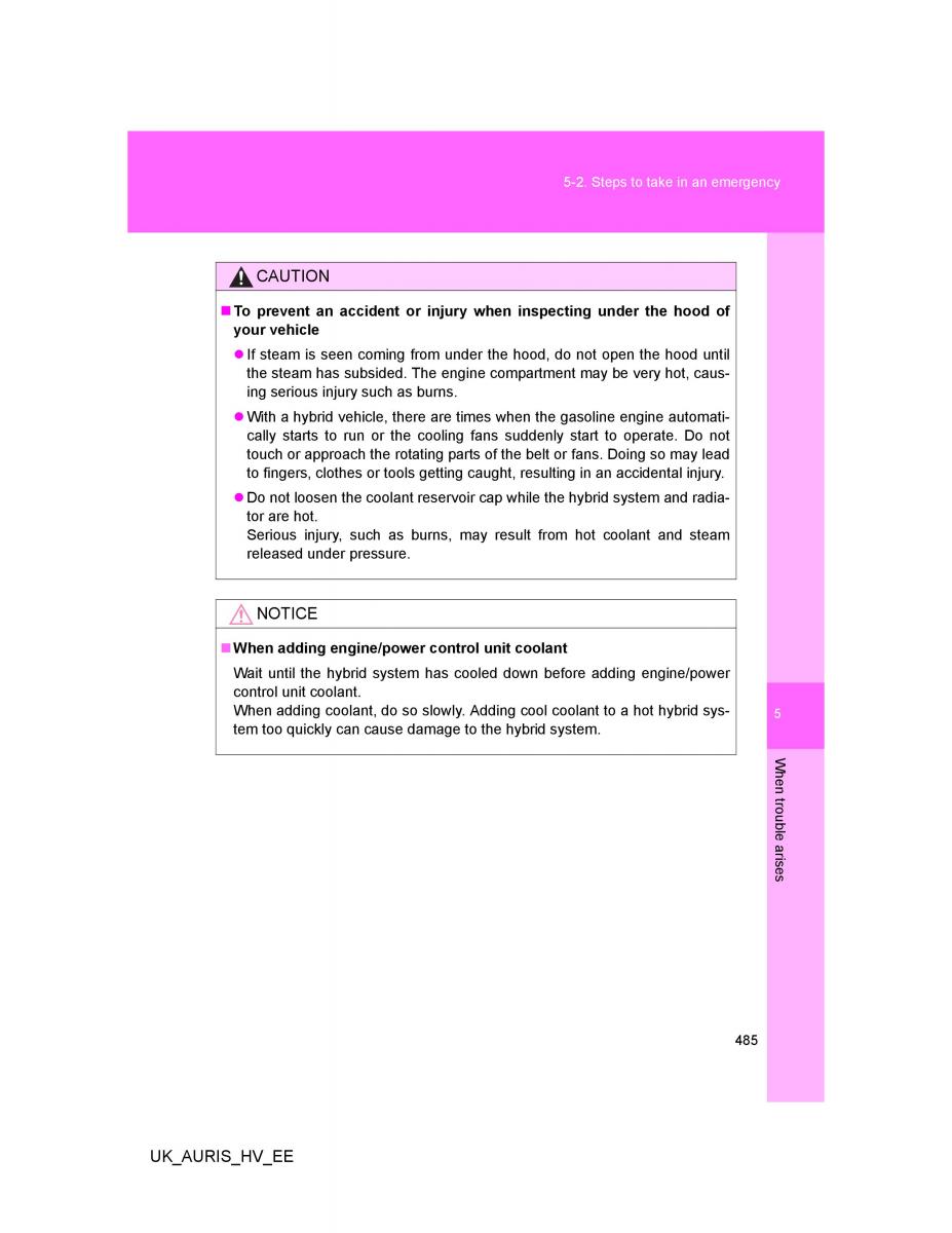 Toyota Auris Hybrid I 1 owners manual / page 485