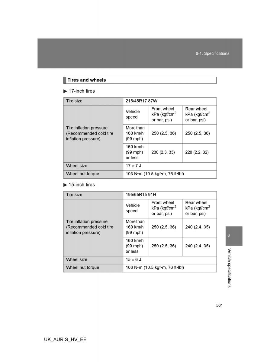 Toyota Auris Hybrid I 1 owners manual / page 501