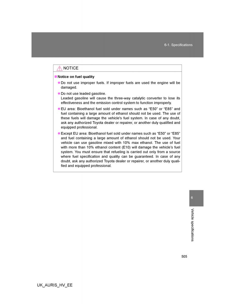 Toyota Auris Hybrid I 1 owners manual / page 505