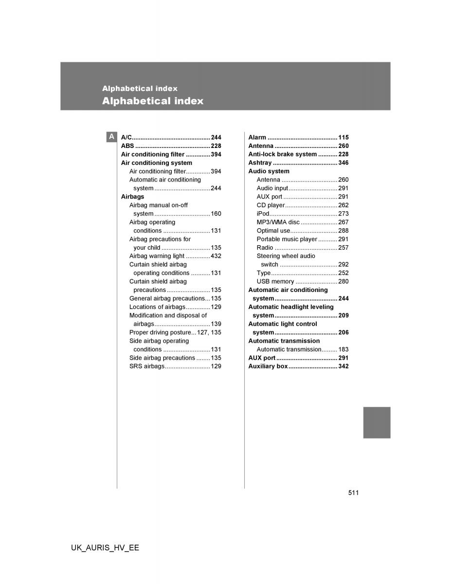 Toyota Auris Hybrid I 1 owners manual / page 511