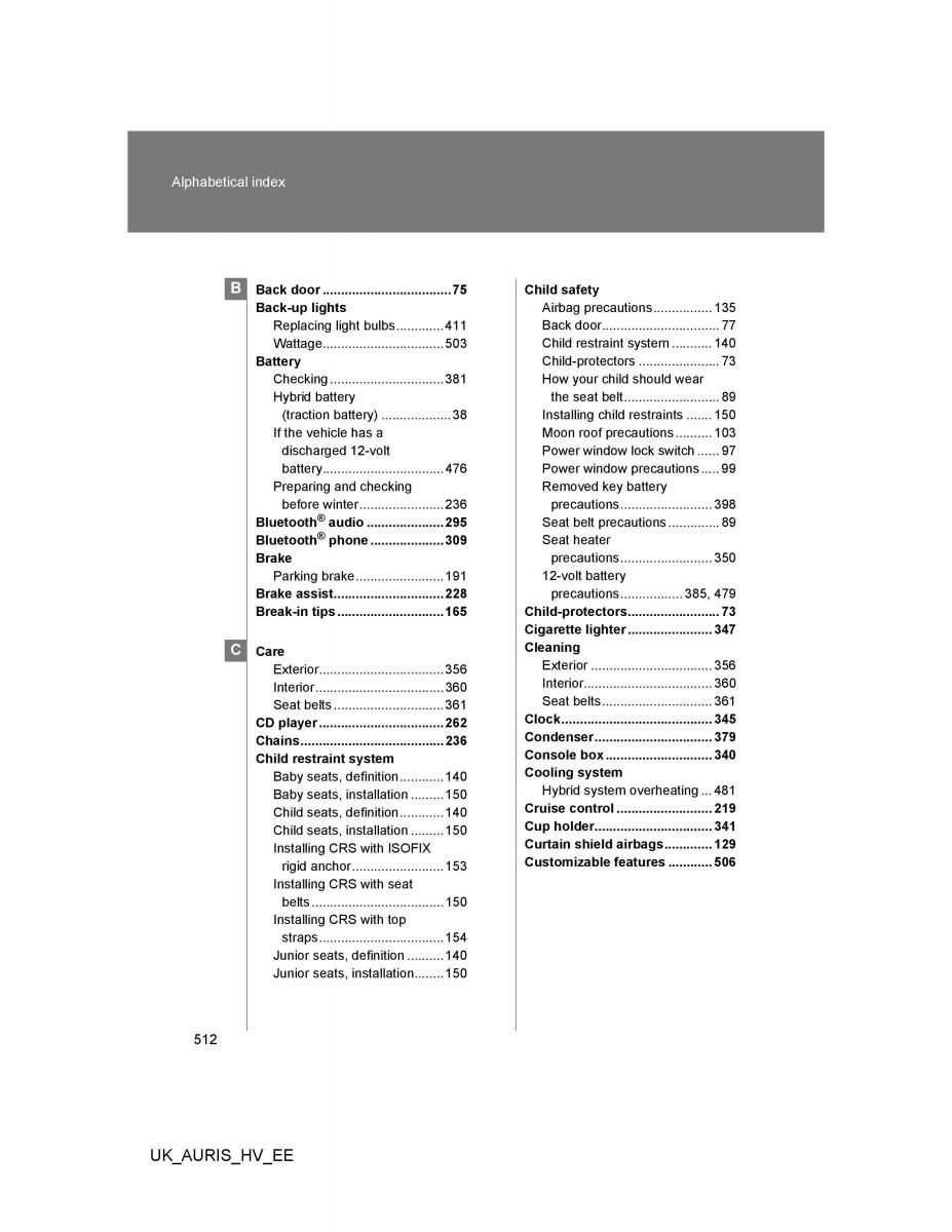 Toyota Auris Hybrid I 1 owners manual / page 512