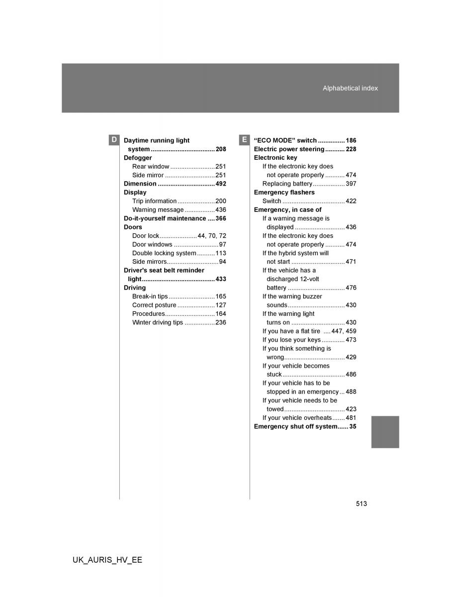 Toyota Auris Hybrid I 1 owners manual / page 513