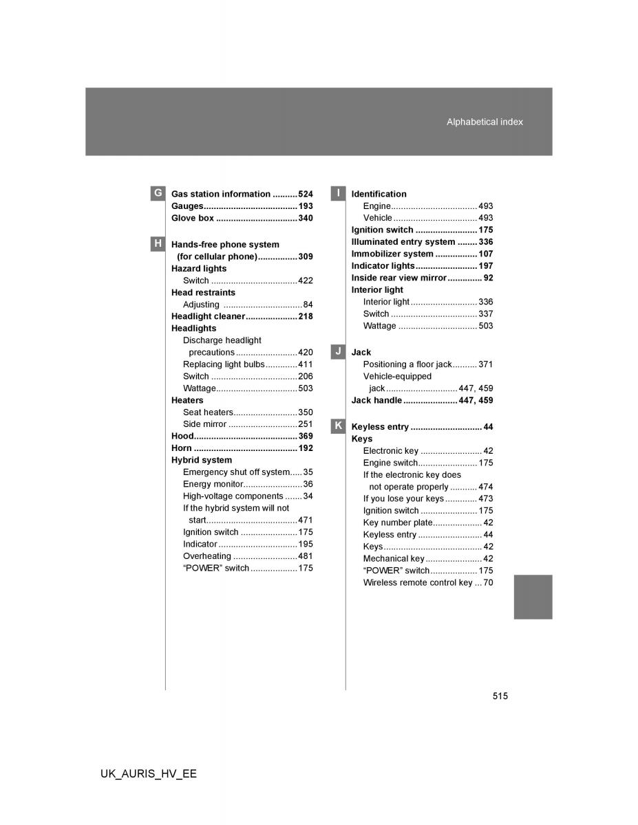 Toyota Auris Hybrid I 1 owners manual / page 515