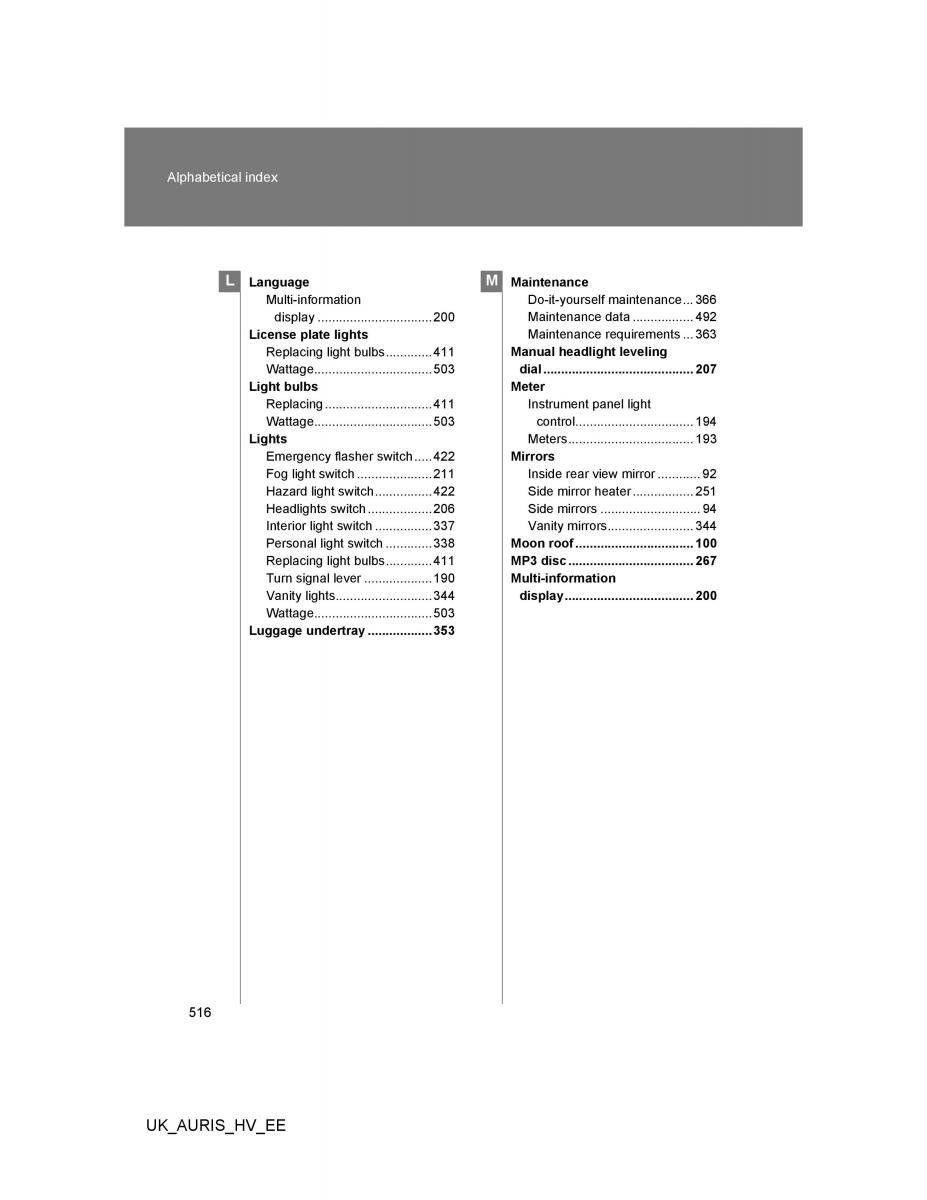 Toyota Auris Hybrid I 1 owners manual / page 516