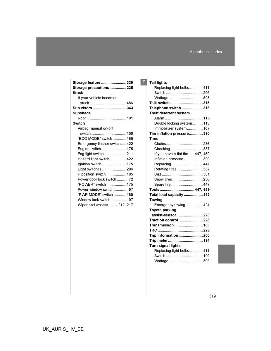 Toyota Auris Hybrid I 1 owners manual / page 519