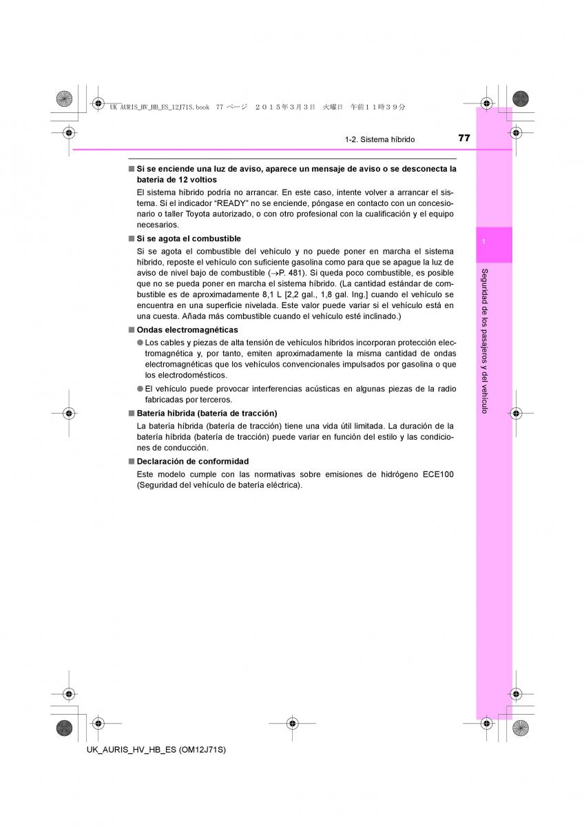 Toyota Auris Hybrid II 2 manual del propietario / page 77