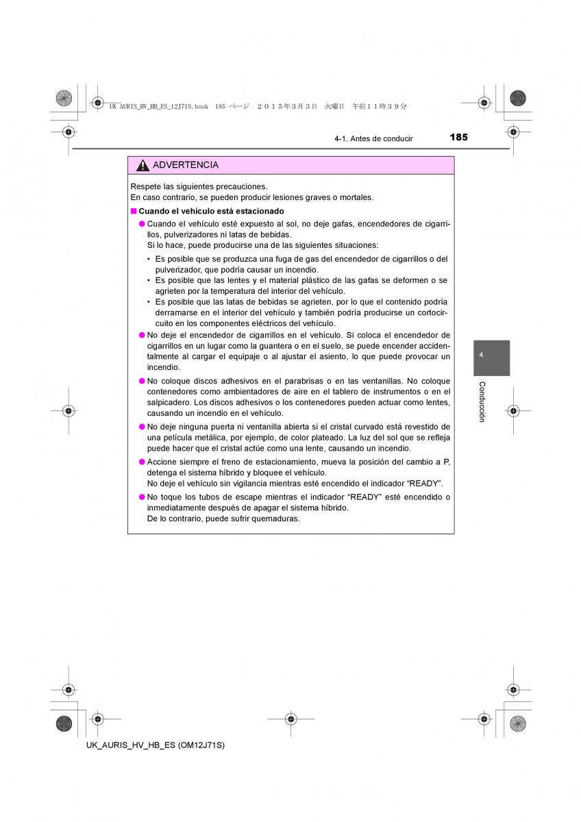 Toyota Auris Hybrid II 2 manual del propietario / page 185