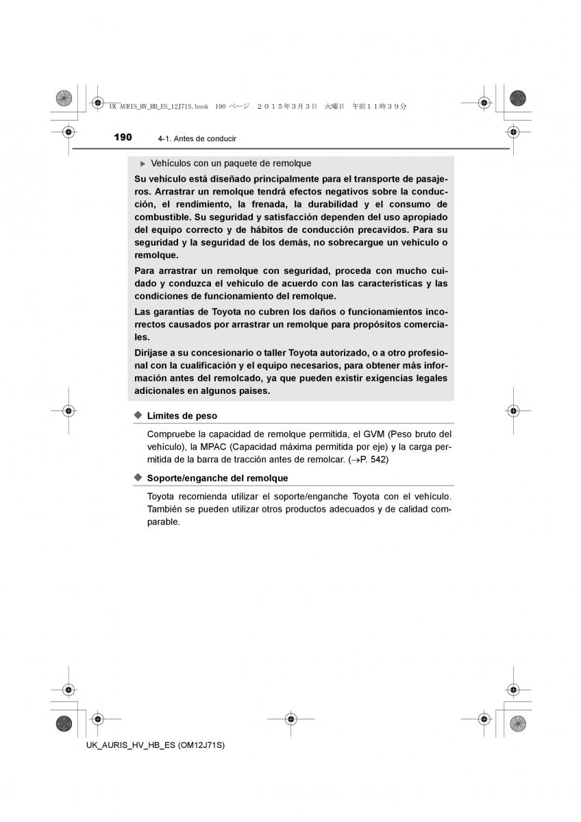 Toyota Auris Hybrid II 2 manual del propietario / page 190