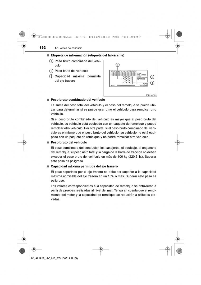 Toyota Auris Hybrid II 2 manual del propietario / page 192