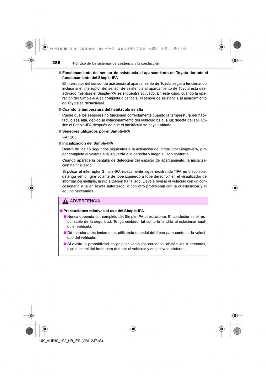 Toyota Auris Hybrid II 2 manual del propietario / page 286